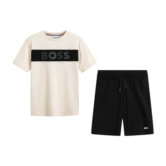 男童米白色Logo棉套装