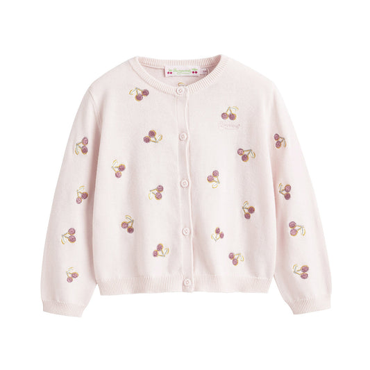 女婴浅粉色樱桃刺绣棉开衫