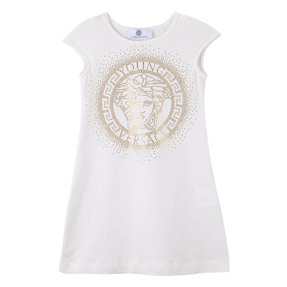 Girls White Cotton Dress With Gold Rhinestone Logo