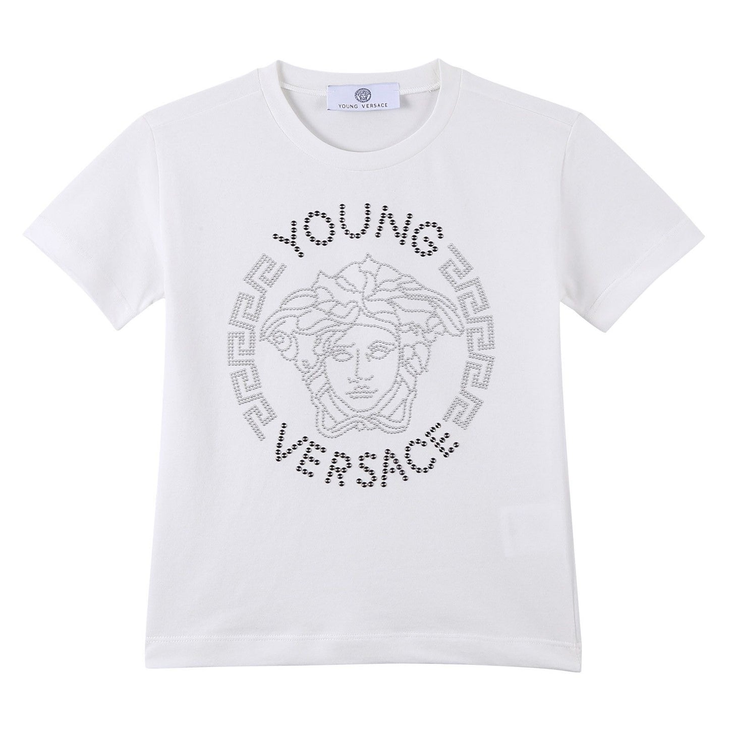 Boys White Cotton T-Shirt With Gray Rhinestone Logo