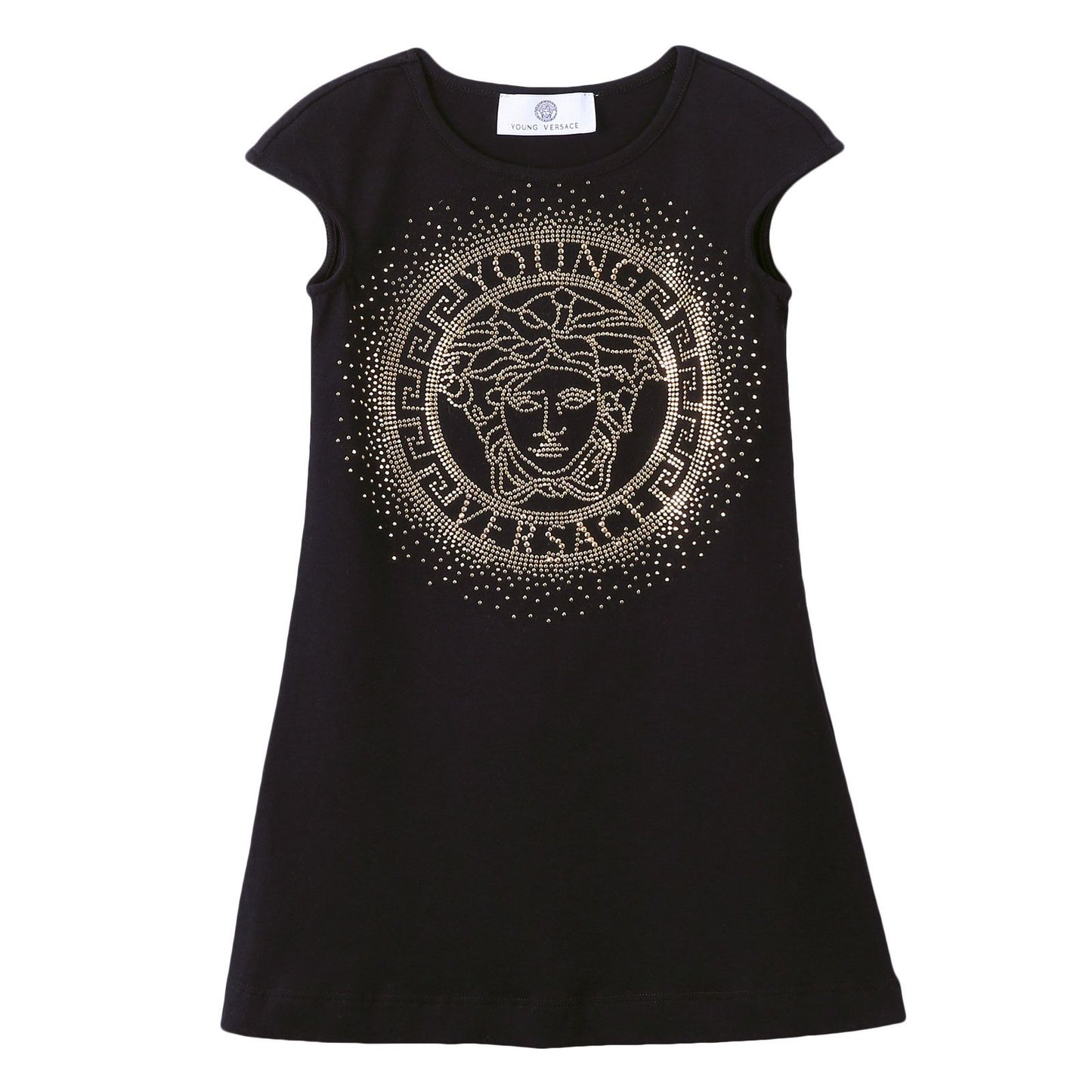 Girls Black Cotton Dress With Gold Rhinestone Logo