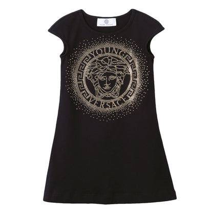 Girls Black Cotton Dress With Gold Rhinestone Logo