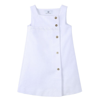 Girls White Cotton Sleeveless Dress With Greca Key Trims