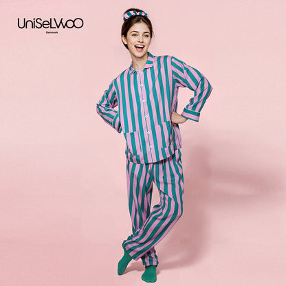 亲子款粉色&绿色条纹天丝睡衣套装