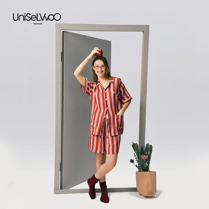 成人款粉红色条纹天丝睡衣套装