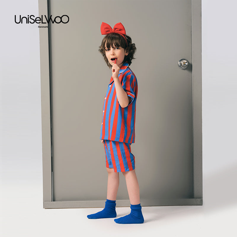 儿童红蓝色条纹天丝睡衣套装