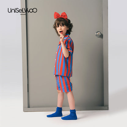 儿童红蓝色条纹天丝睡衣套装