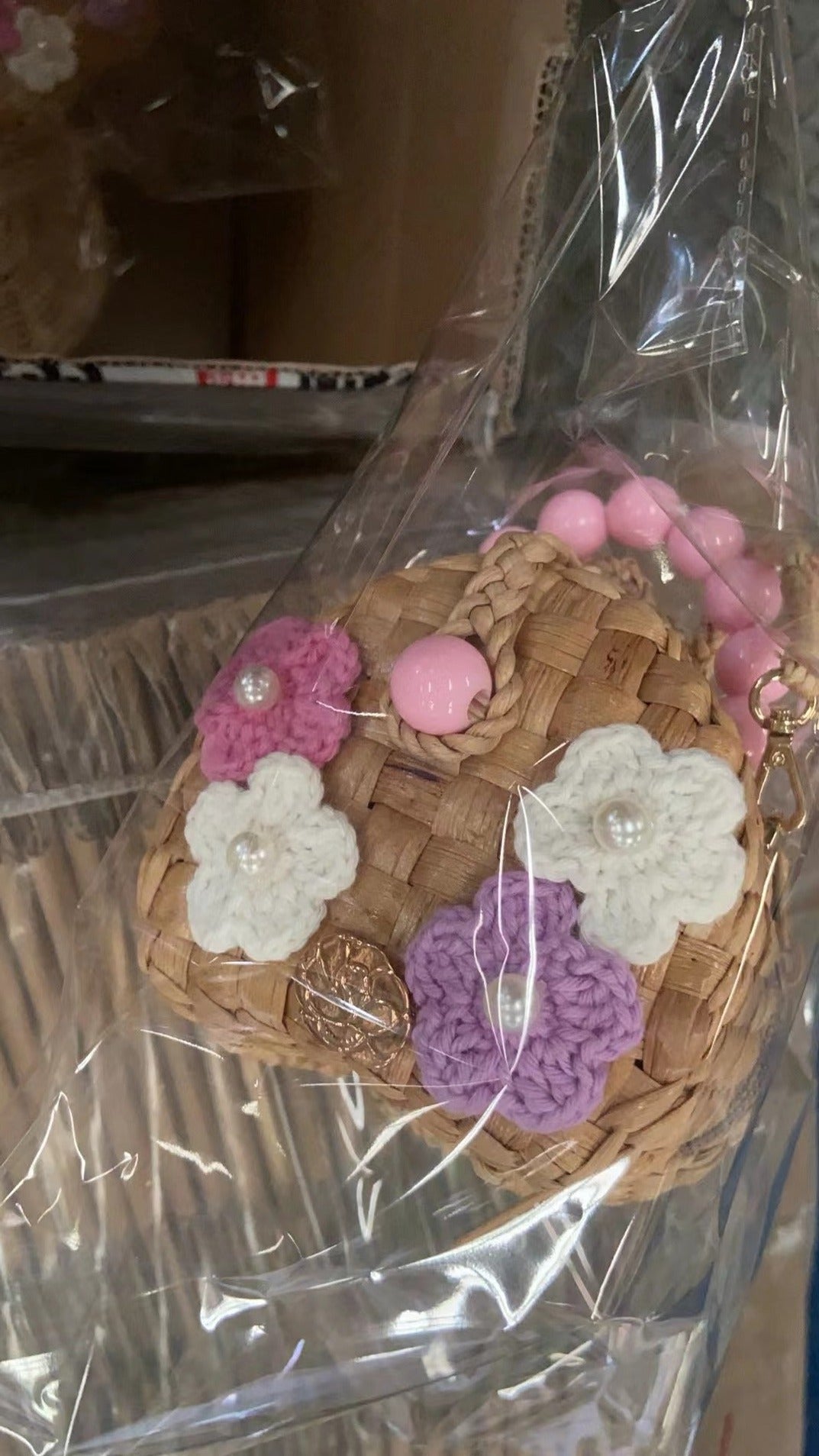 儿童三朵小花深粉手提复古草编包