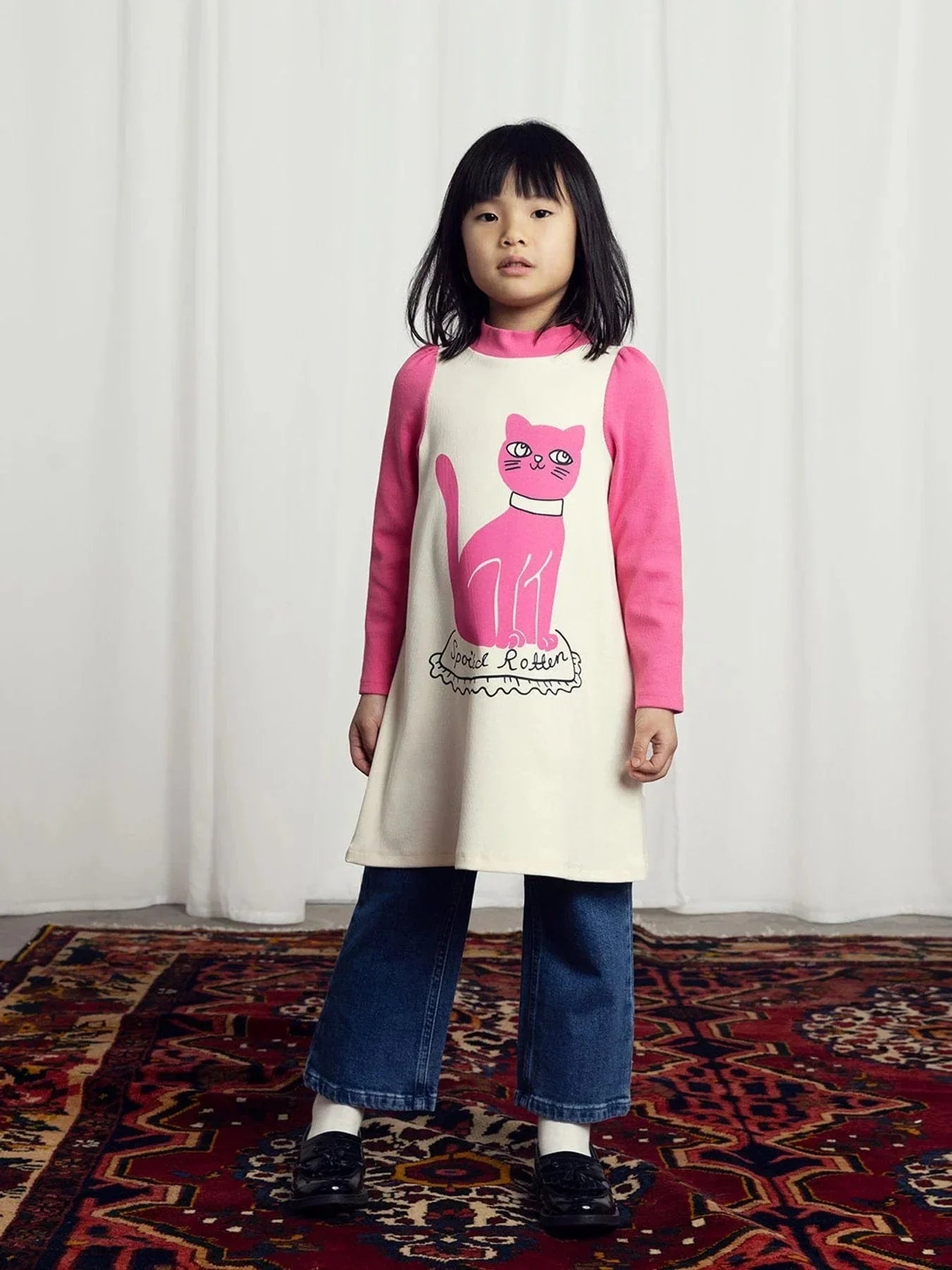 Mini Rodini 女童白色猫咪连衣裙