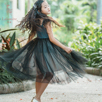 女童牛仔羽毛吊带裙