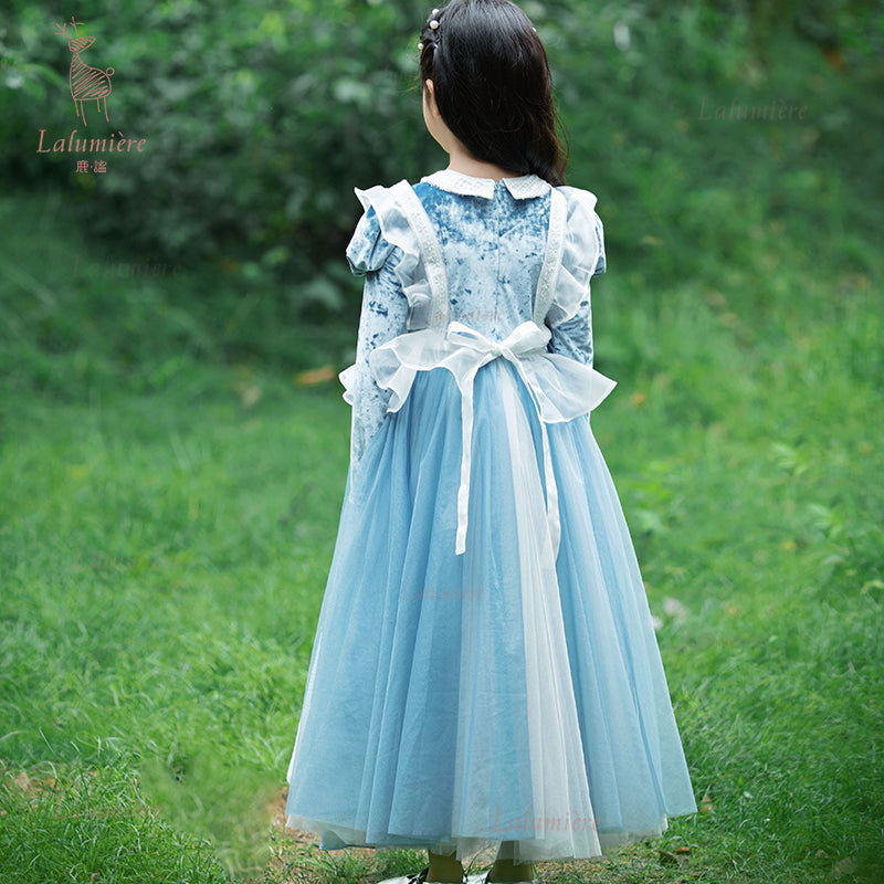 女童蓝色丝绒拼纱秘境公主裙
