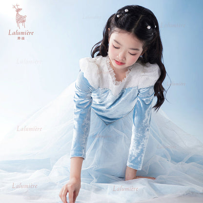 女童蓝色冰雪丝绒拼纱公主裙