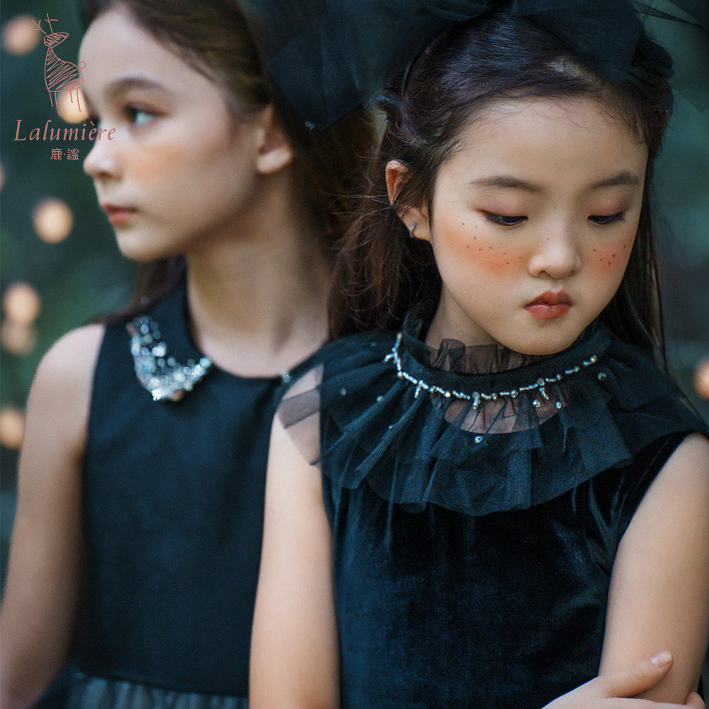 女童珠绣黑粉渐变礼服裙