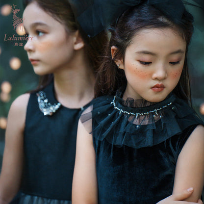 女童珠绣黑粉渐变礼服裙