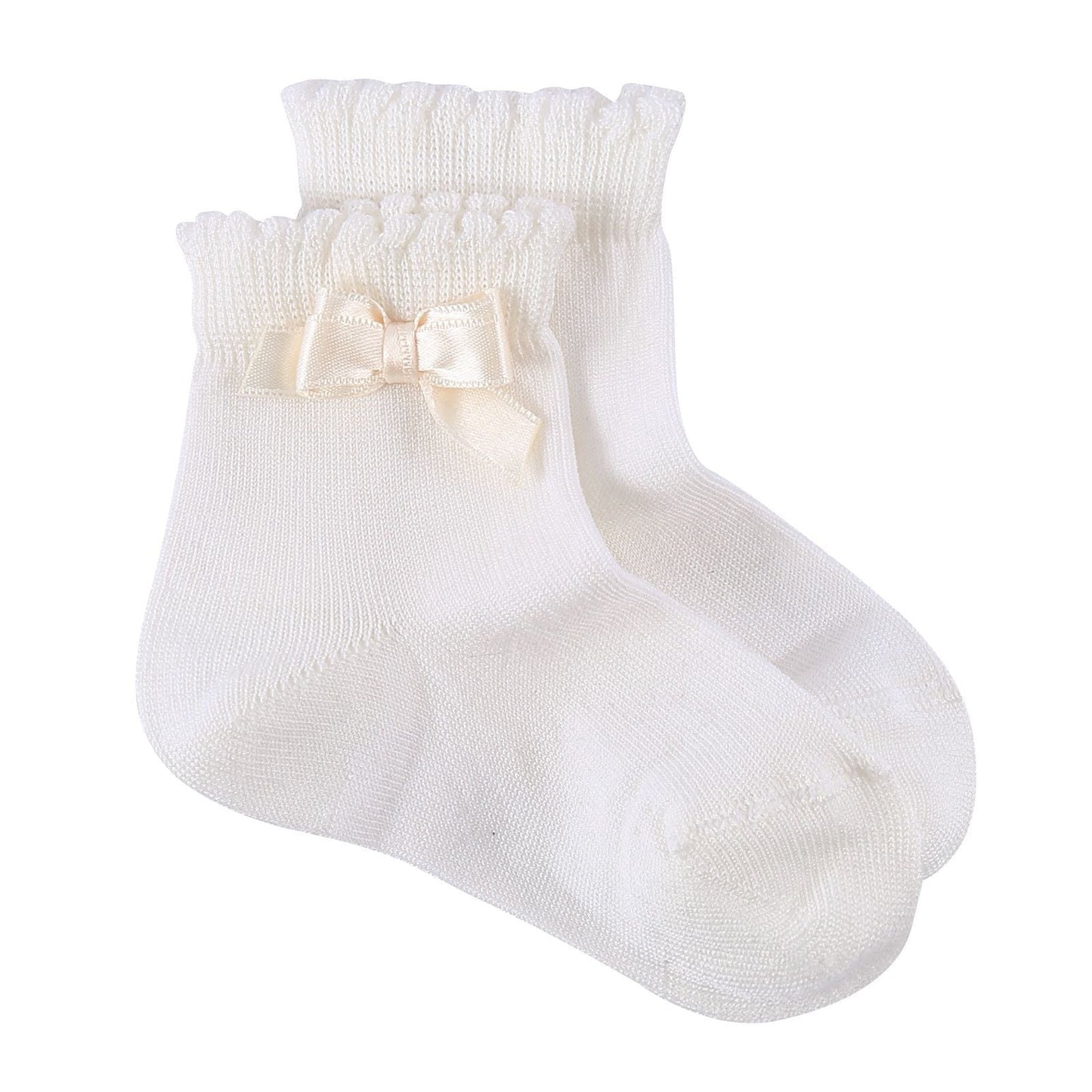 Girls Milk White Cotton Short Socks With Bow Trims