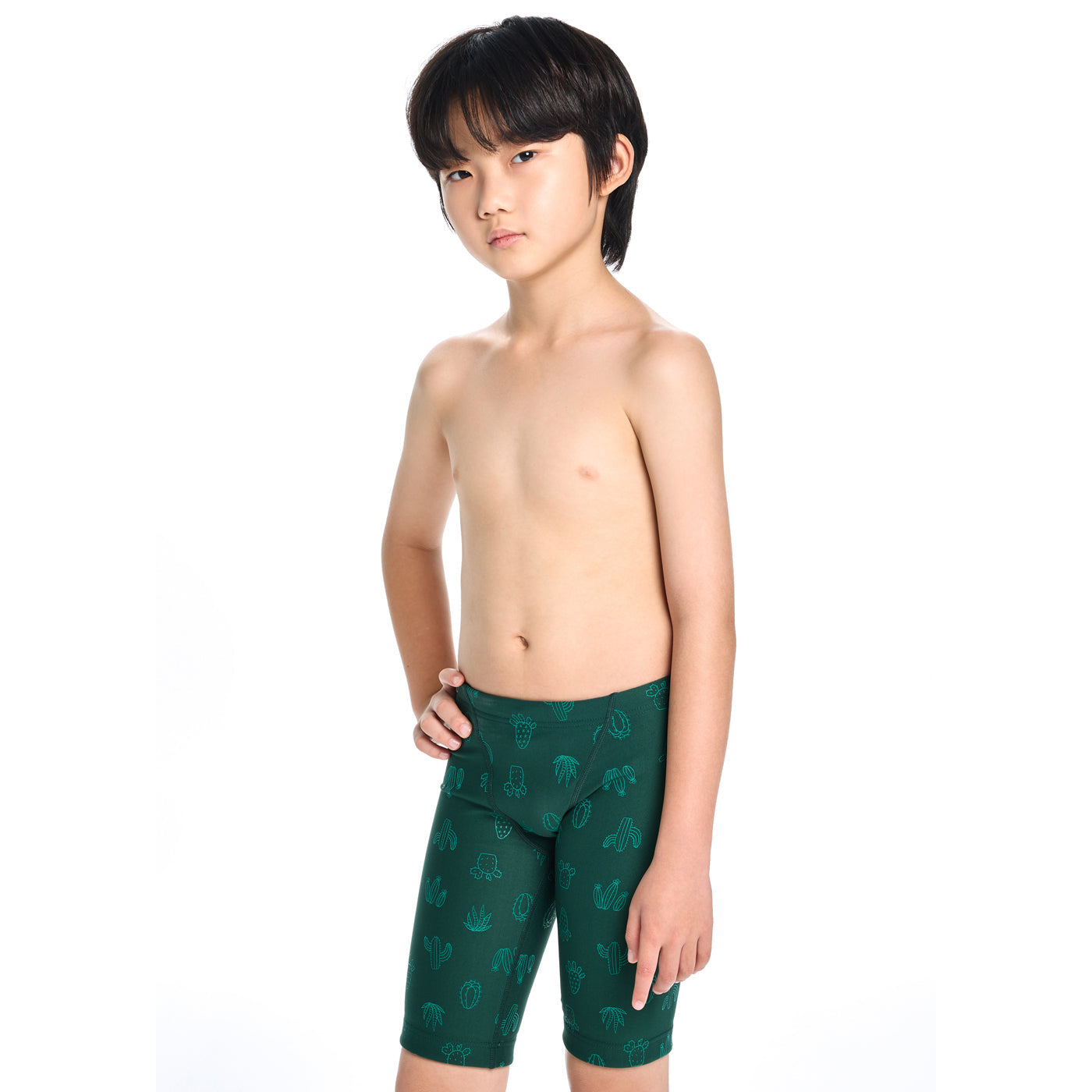 男童绿色印花专业泳裤