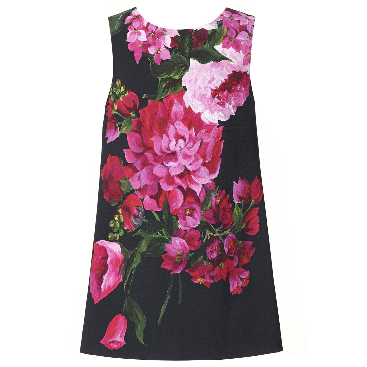 Girls Black Viscose Dress With Flower Print Trims
