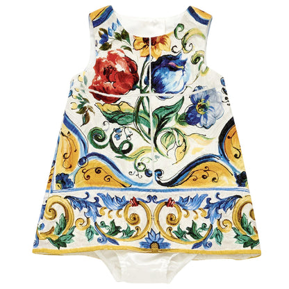 Baby Girls Multicolor Maiolica Bouquet Printed Sleevless Dress