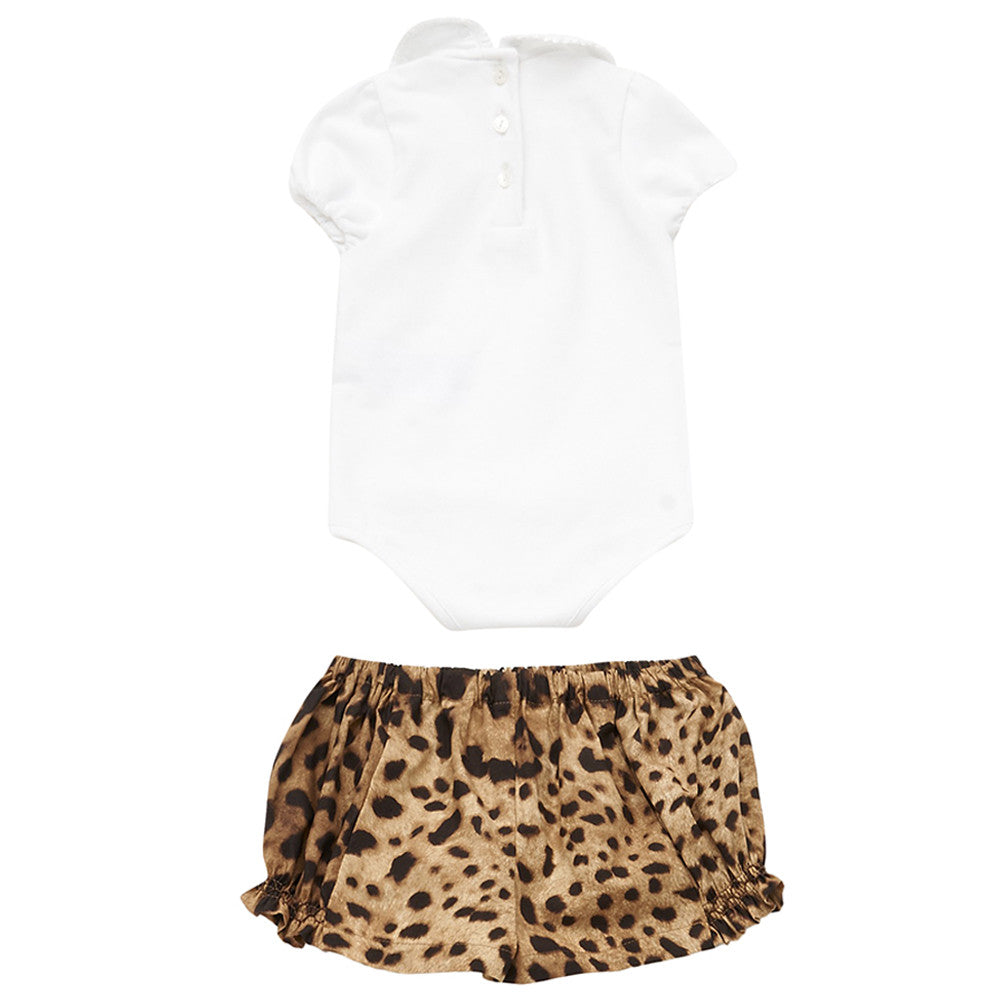 Baby White Bodysuit & Leopard Short Two Piece Set