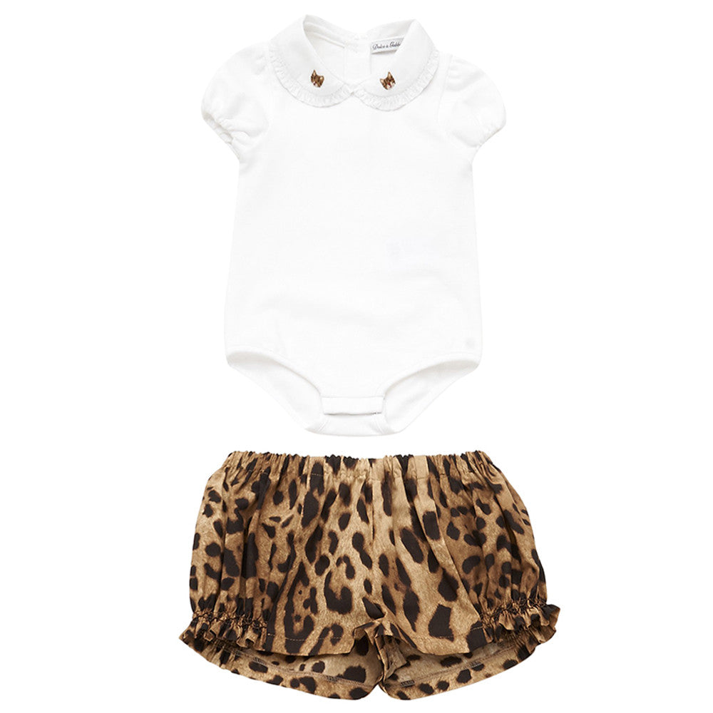 Baby White Bodysuit & Leopard Short Two Piece Set
