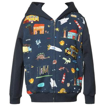 Boys Navy Blue Hooded Allover Printed Zip-Up Top