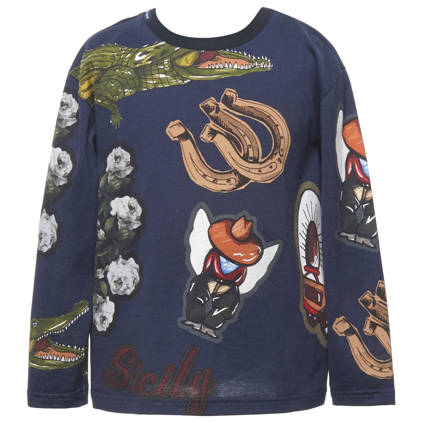 Boys Navy Blue Sicilian Western Printed Cotton T-Shirt