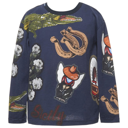 Boys Navy Blue Sicilian Western Printed Cotton T-Shirt