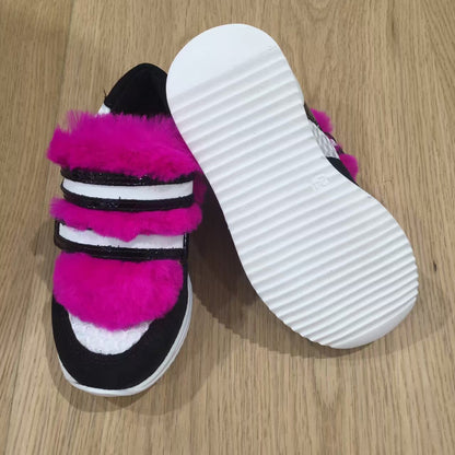 Girls Pink Fur Trims Leather Shoes