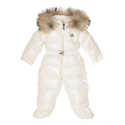 Baby White Plush Trims Hooded Padded Down 'Crystal' Snowsuit