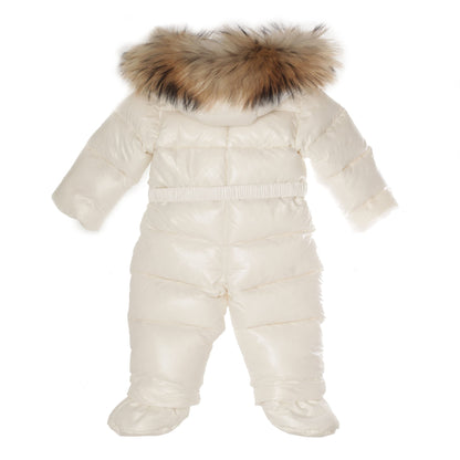 Baby White Plush Trims Hooded Padded Down 'Crystal' Snowsuit