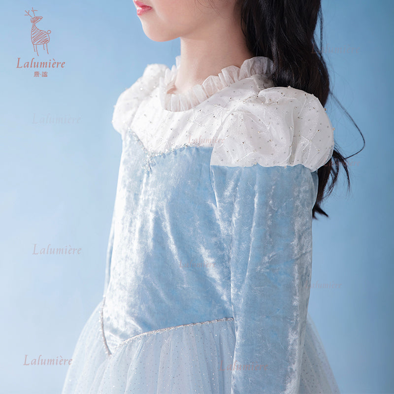 女童蓝色冰雪丝绒拼纱公主裙
