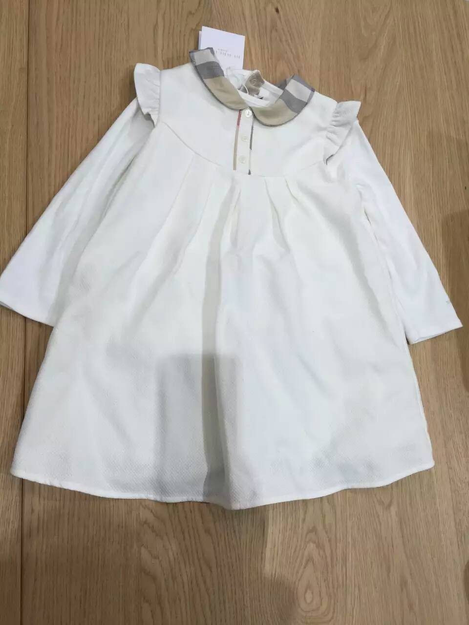 Baby Girls White Cotton Dress With Check Collar