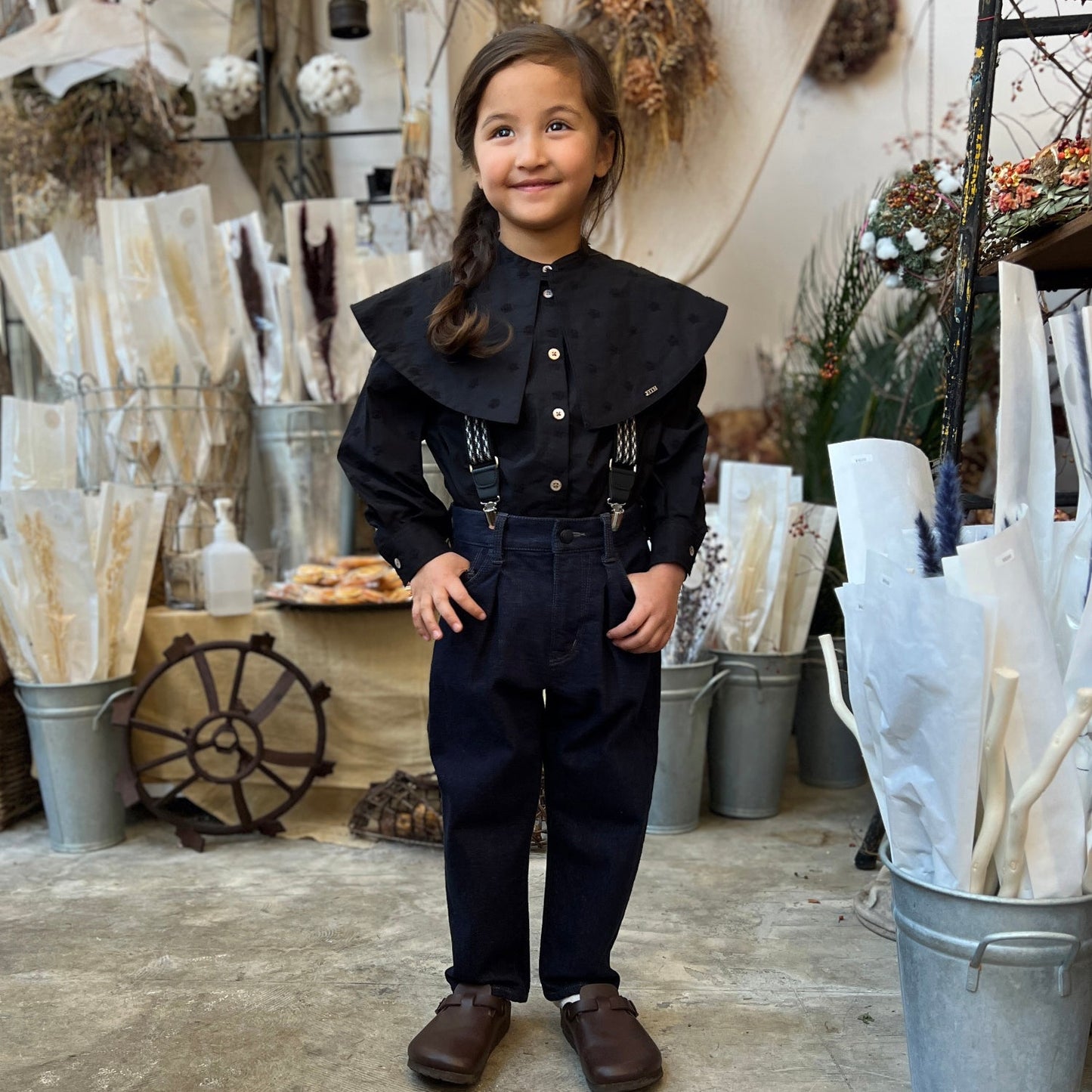 女童黑色可拆卸衣领棉衬衫