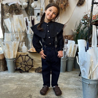 女童黑色可拆卸衣领棉衬衫