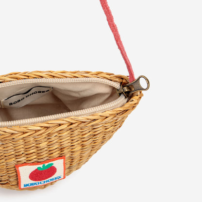 女童米色草编单肩包