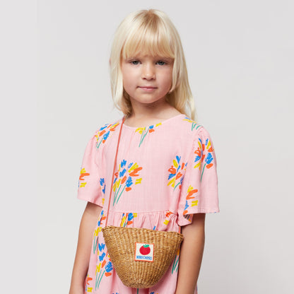 女童米色草编单肩包