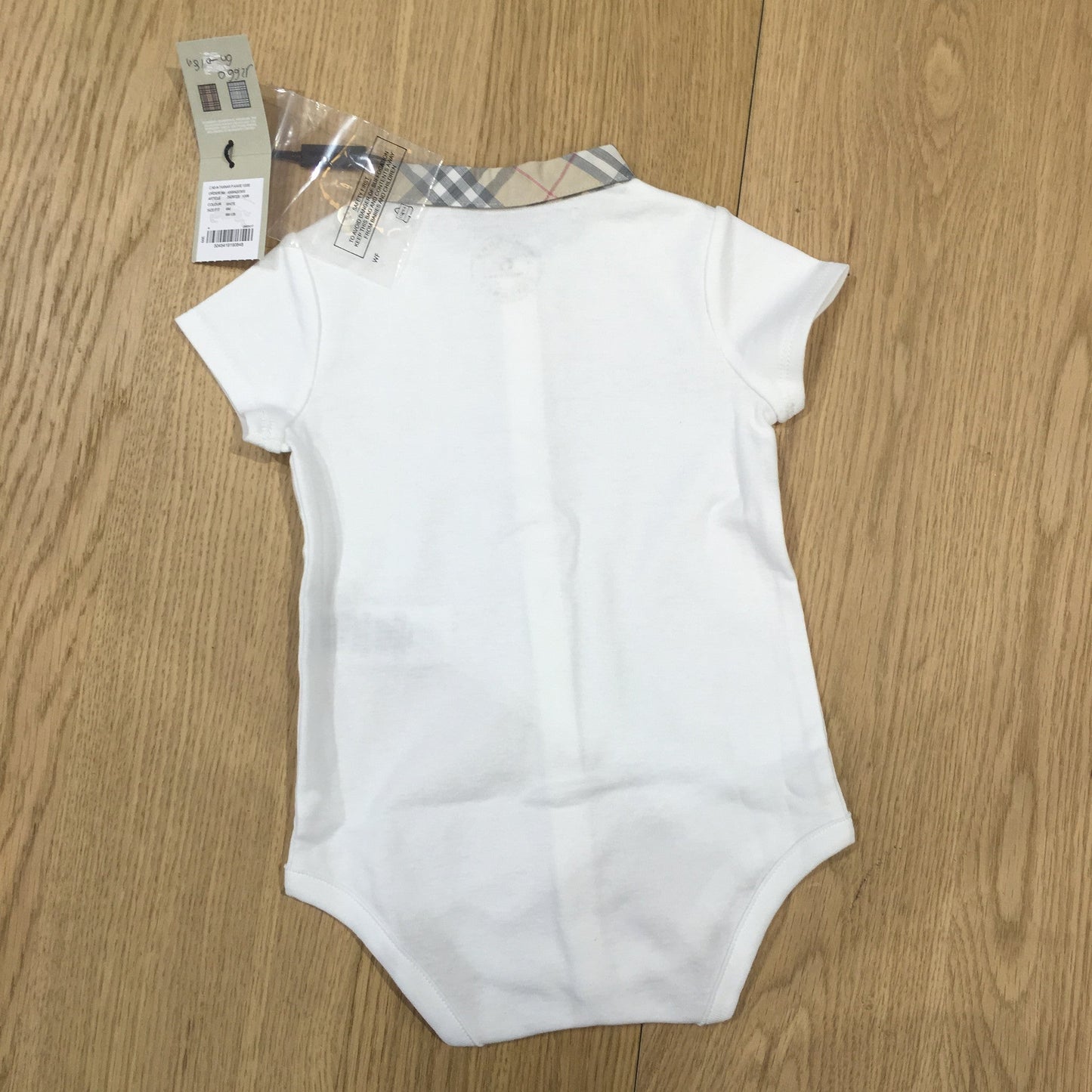 Baby White Cotton Bodysuit With Check Collar