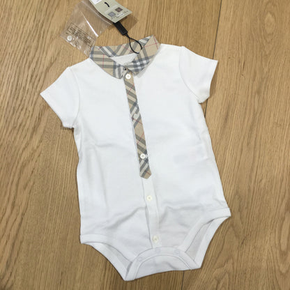 Baby White Cotton Bodysuit With Check Collar