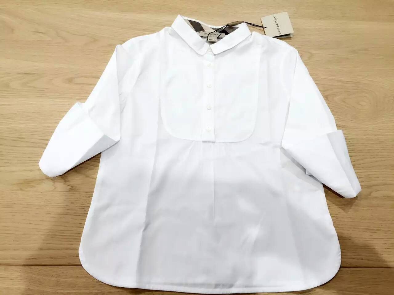 Girls White Cotton Blouse With Beige Check Trims