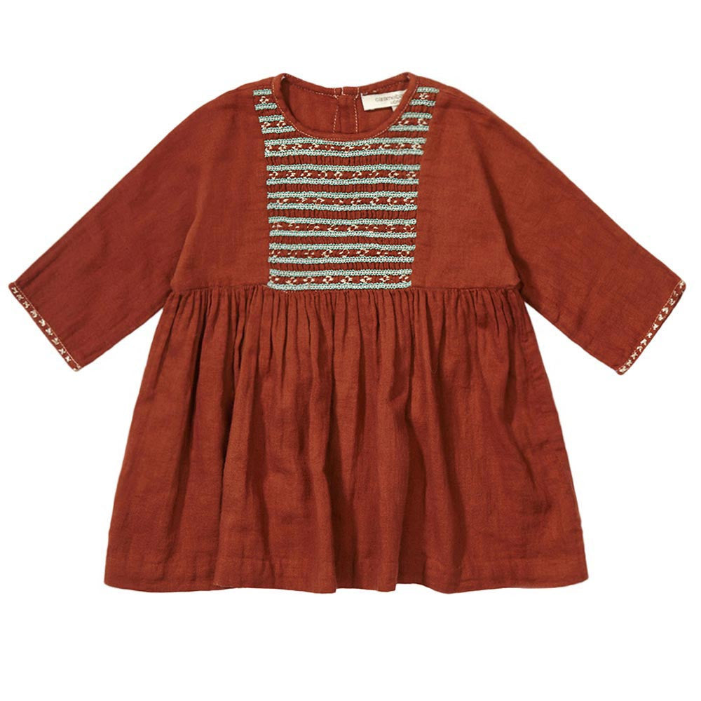 Baby Girls Brown Dress With Embroidery Trims