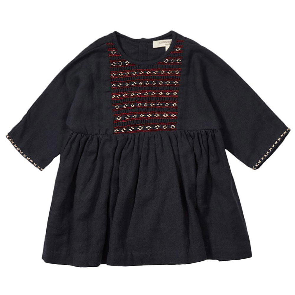 Baby Girls Navy Blue Dress With Embroidery