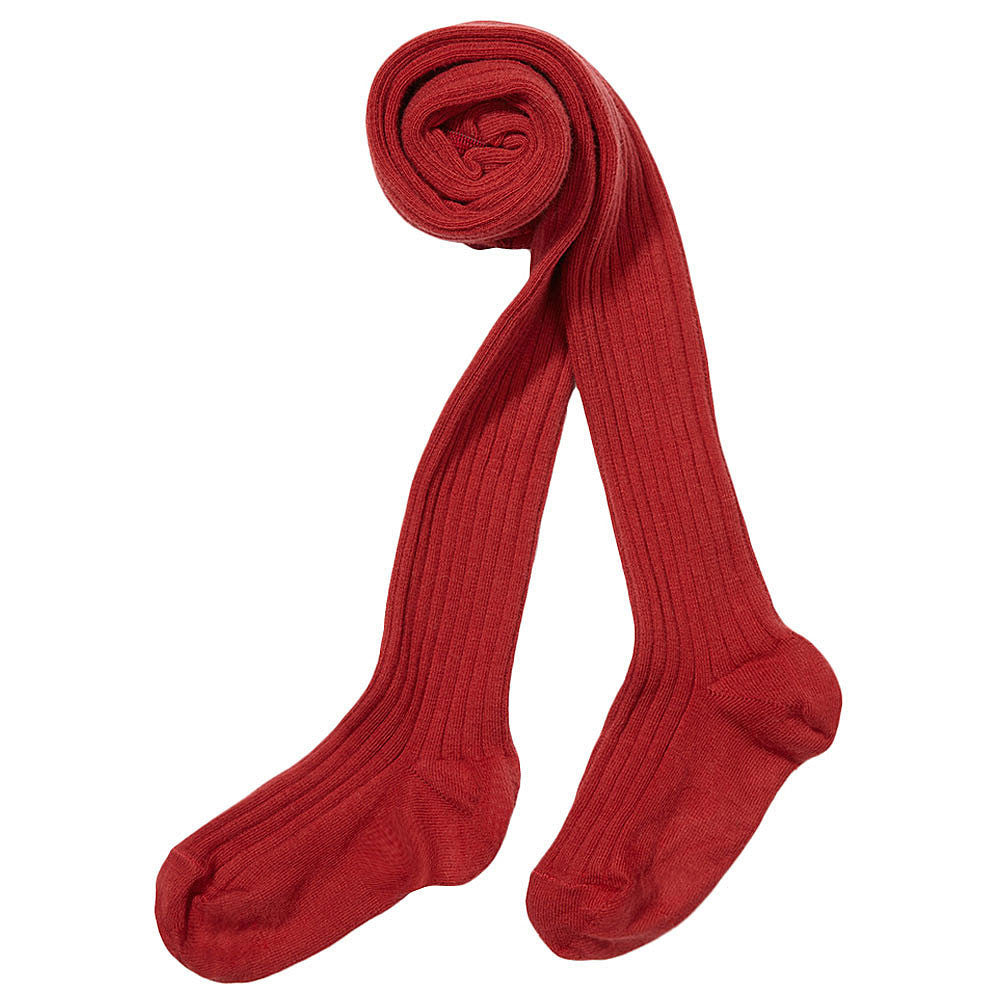 Girls Dark Red Rib Knitted Cotton Tights