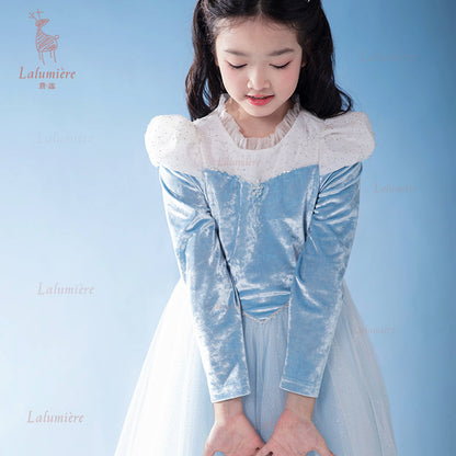 女童蓝色冰雪丝绒拼纱公主裙