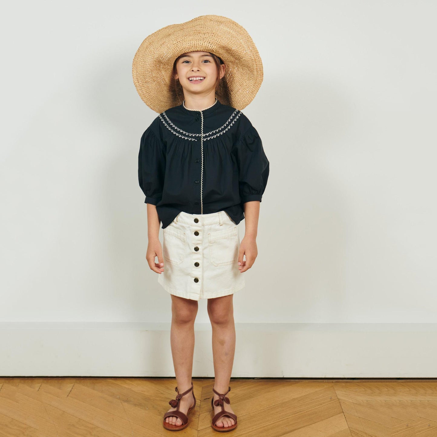 女童米色拉菲草太阳帽