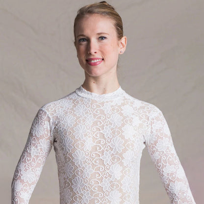 女士白色蕾丝长袖芭蕾舞连体衣(1404/White)