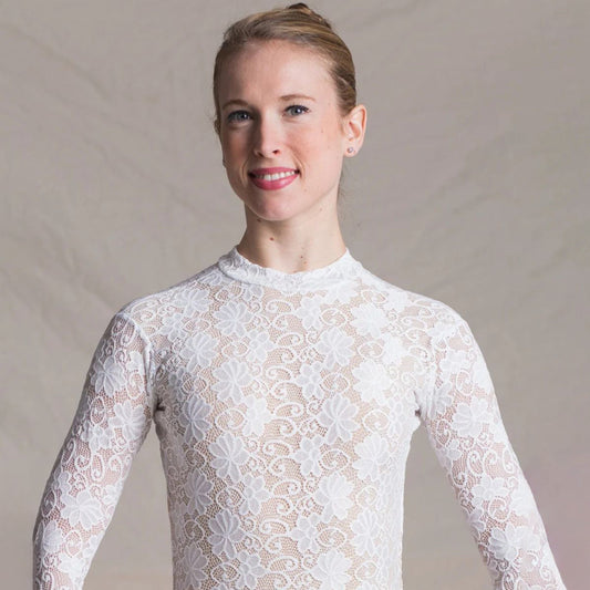 女士白色蕾丝长袖芭蕾舞连体衣(1404/White)