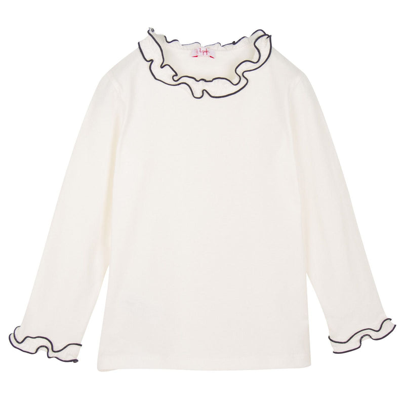 Girls Ivory&Navy Blue Gold Trim Frill Collar T-Shirt