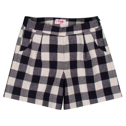 Girls Navy Blue Check Bermuda Shorts With Slant Pockets