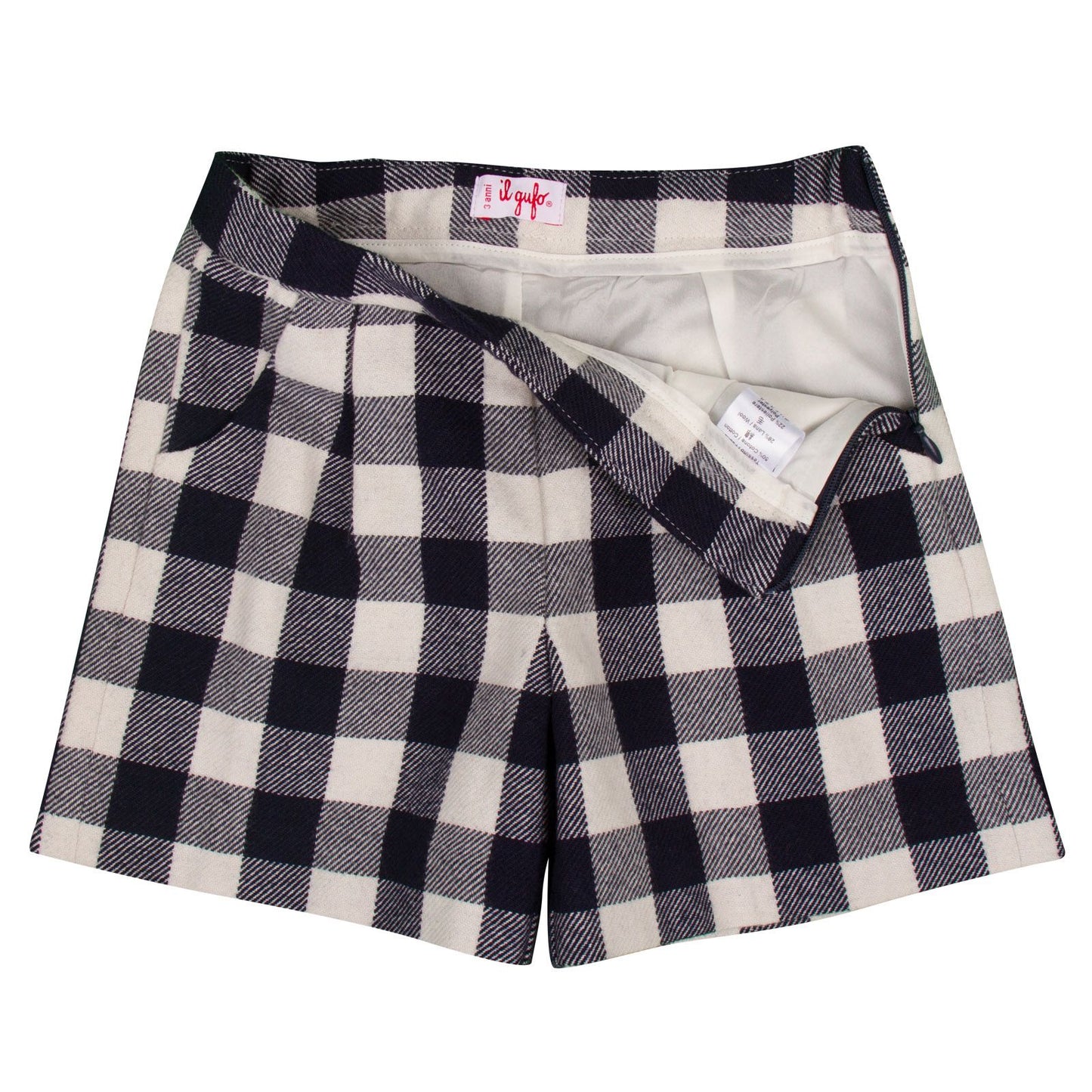 Girls Navy Blue Check Bermuda Shorts With Slant Pockets