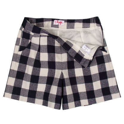 Girls Navy Blue Check Bermuda Shorts With Slant Pockets